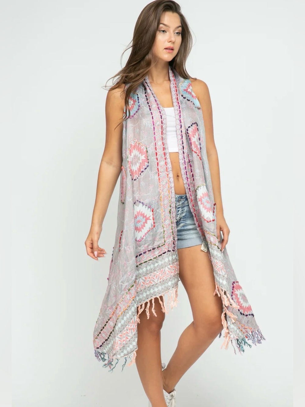 Ravi Raj Boho Embroidered Fringe Sleeveless Duster Vest Kimono